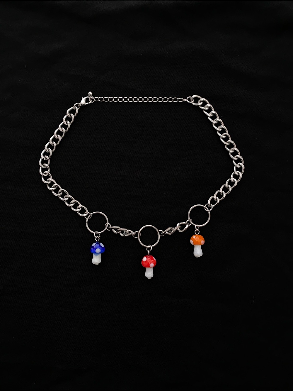 Silver-Tone Curb Chain Choker with Red, Blue & Orange Glass Mushroom Charms